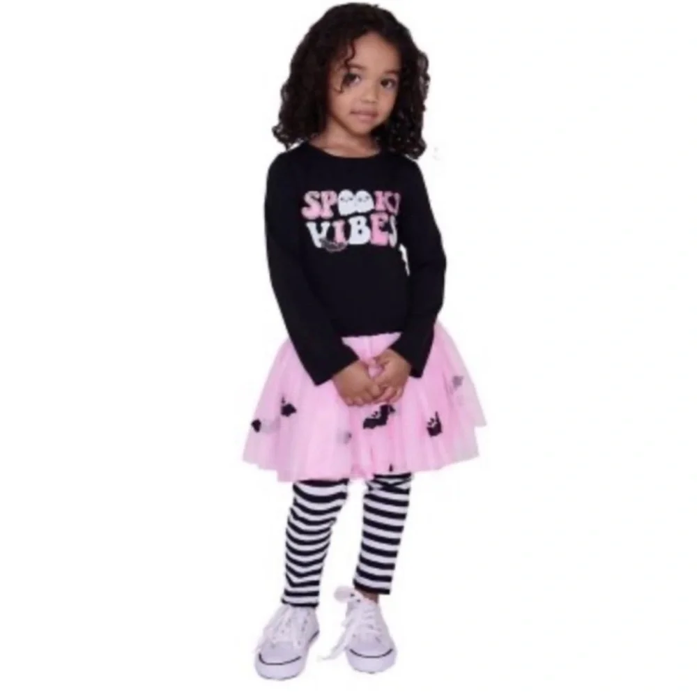 NEW! Spooky Vibes w/ Bats Tutu & Legging Fall / Halloween Set, black & pink